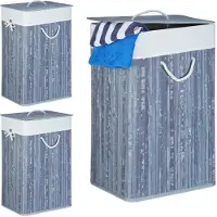 Relaxdays 3 x Wäschekorb Bambus eckig grau Creme,Grau