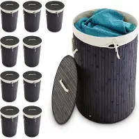 Relaxdays 10 x Wäschekorb Bambus rund schwarz Weiß,Schwarz