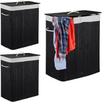 Relaxdays 3 x Wäschekorb Bambus 2 Fächer schwarz Weiß,Hellbraun,Schwarz