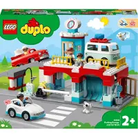 LEGO 10948 DUPLO Parkhaus mit Autowaschanlage mit Spielzeugauto, Wohnmobil und Rennauto, Garagen-Spielzeug inkl. 4 Figuren, für Kleinkinder, Mädchen und Jungen ab 2 Jahre