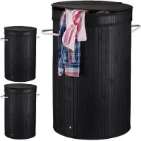 Relaxdays 3 x Wäschekorb Bambus mit Deckel schwarz Weiß,Schwarz