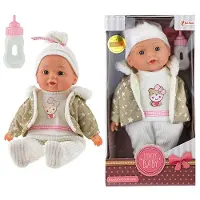 Huismerk LOVELY BABY 02156A - Babypuppe mit Winterkleidung und Trinkflasche, Sternenmuster ca. 32 cm