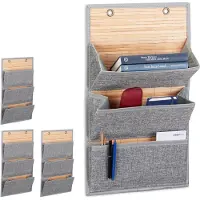Relaxdays 4 x Wandorganizer Bambus 3 Fächer Hellbraun,Grau