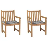 vidaXL Gartenstühle 2 Stk. Graue Karomuster-Kissen Massivholz Teak