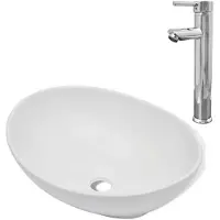vidaXL Bad-Waschbecken mit Mischbatterie Keramik Oval Weiß