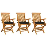 vidaXL Klappstühle mit schwarzen Kissen, 3-teilig, Massivholz Teakholz