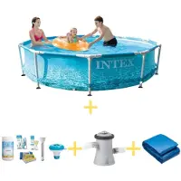 Intex Metal Frame Pool - Strandseite - 305 x 76 cm - Inklusive WAYS Wartungspaket, Filterpumpe & Bodenplane