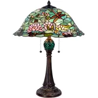 Clayre & Eef Tiffany Tischlampe Ø 47x60 cm Grün Braun Glas Libelle