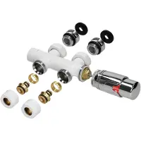 LuxeBath Ventil-Armaturen Set Multiblock Weiß Durchgangsform inkl. Thermostatkopf für Badheizkörper mit Mittelanschluss