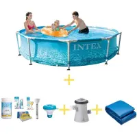 Intex Metal Frame Pool - Strandseite - 305 x 76 cm - Inklusive WAYS Wartungspaket, Filterpumpe & Bodenplane