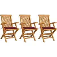 vidaXL Gartenstühle mit Weinroten Kissen 3 Stk. Massivholz Teak