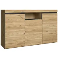 Skraut Home Sideboard Wohnzimmer Büro Farbe Eiche/Schwarz 3 Türen 1 Hohlraum 140x40x81cm.