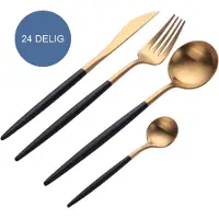 Krumble Besteck-Set 24 Teile - 6 Personen - Besteck-Set besteht aus einem Messer, Gabel, Löffel und Dessertlöffel - Tafelmesser - Tafellöffel - Edelstahl - Gold und schwarz