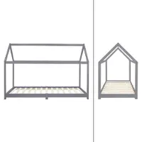 ML-Design Kinderbett 90x200 cm mit Dach und Lattenrost, Hellgrau, Hausbett aus massivem Kiefernholz Bodenbett Holzbett Jugendbett Spielbett Zelt