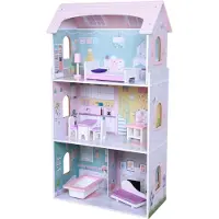 Moni Holz-Puppenhaus Anna 4121, 8-tlg. Möbelset, 3 Etagen, verschiedene Räume rosa