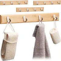 Relaxdays 4 x Hakenleiste Bambus mit 4 Haken Hellbraun,Silber