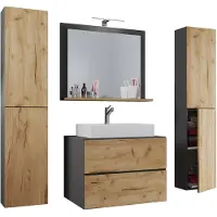 VCM 5-tlg. Waschplatz Waschtisch | Waschbecken Unterschrank Breite 60 cm | Badmöbel Set mit Schubladen Drehtüren Spiegel | Lendas XL Schublade
