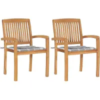vidaXL Gartenstühle 2 Stk. Graue Karomuster Kissen Massivholz Teak