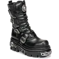 New rock Unisex Schwarz Leder Gothic Mid-Calf Stiefel-373-S4