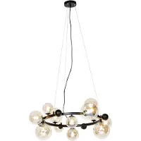 QAZQA - Art Deco Art-Deco-Hängelampe I Pendellampe I Pendelleuchte schwarz mit bernsteinfarbenem Glas 12 Lichter – David I Wohnzimmer I Schlafzimmer - Stahl Rund - LED geeignet G9