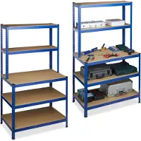 Relaxdays 2 x Schwerlastregal mit Werkbank blau Blau,Hellbraun