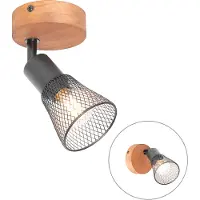QAZQA - Industrie I Vintage I Industrie I Vintage Ir Spot schwarz mit Holz - Kristina I Wohnzimmer I Schlafzimmer - Stahl Rund - LED geeignet E14