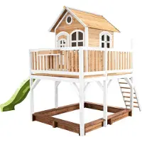 Axi Spielhaus Liam mit Sandkasten & hellgrüner Rutsche | Stelzenhaus XXL in Braun & Weiß aus FSC Holz für Kinder | Spielturm mit Wellenrutsche für den Garten
