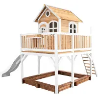 Axi Spielhaus Liam mit Sandkasten & weißer Rutsche | Stelzenhaus XXL in Braun & Weiß aus FSC Holz für Kinder | Spielturm mit Wellenrutsche für den Garten