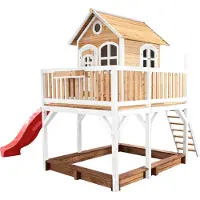 Axi Spielhaus Liam mit Sandkasten & roter Rutsche | Stelzenhaus XXL in Braun & Weiß aus FSC Holz für Kinder | Spielturm mit Wellenrutsche für den Garten