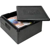 Thermo Future Box , passend für PIZZA und GN 2/3, Isolierbox schwarz mit Deckel, 210 mm tief, 27 Liter, robust, nachhaltig aus EPP