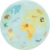Little Olly Kinderteppich Rund | Globe Hellblau | Ø 100cm | Blau | Baumwolle | Rund