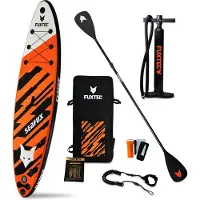 FUXTEC Stand Up Padde Board| 13,4 kg | 320cm x 81cm x 15cm | Tragfähigkeit 150 kg | Packsack | Kolbenpumpe | Reparatur-Kit | FX-SUP320D1 Orange Orange/Weiß/Schwarz