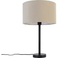 QAZQA - Design Moderne Tischlampe schwarz mit Bouclé-Schirm hellbraun 35 cm - Simplo I Wohnzimmer I Schlafzimmer - Stahl Rund - LED geeignet E27