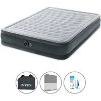 Intex Luftbett - 2 Personen - 152 x 203 x 33 cm - Grau - Mit eingebauter Pumpe + Spannbettlaken Anthrazit + Reperaturset