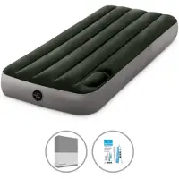 Intex Luftbett - 1 Person - 76 x 191 x 25 cm - Grün - Mit eingebauter Fußpumpe + Spannbettlaken Anthrazit + Reperaturset