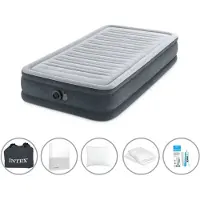 Intex Luftbett - 1 Person - 99 x 191 x 33 cm - Grau - Mit eingebauter Pumpe + Spannbettlaken Weiß + Kopfkissen + Molton 2 in 1 Kissenbezüge + Reperaturset
