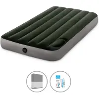 Intex Luftbett - 1 Person - 99 x 191 x 25 cm - Grün - Mit eingebauter Fußpumpe + Spannbettlaken Anthrazit + Reperaturset