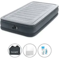 Intex Luftbett - 1 Person - 99 x 191 x 33 cm - Grau - Mit eingebauter Pumpe + Spannbettlaken Weiß + Reperaturset