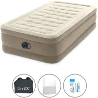 Intex Luftbett - 1 Person - 99 x 191 x 46 cm - Beige - Mit eingebauter Pumpe + Spannbettlaken Weiß + Reperaturset