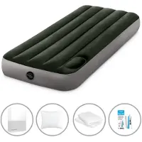 Intex Luftbett - 1 Person - 76 x 191 x 25 cm - Grün - Mit eingebauter Fußpumpe + Spannbettlaken Weiß + Kopfkissen + Molton 2 in 1 Kissenbezüge + Reperaturset