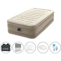 Intex Luftbett - 1 Person - 99 x 191 x 46 cm - Beige - Mit eingebauter Pumpe + Spannbettlaken Anthrazit + Kopfkissen + Molton 2 in 1 Kissenbezüge + Reperaturset