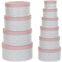 DKD Home Decor Set of Stackable Organising Boxes Circular Pink Cardboard