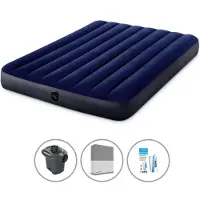 Intex Luftbett - 2 Personen - 137 x 191 x 25 cm - Blau + Elektropumpe - 650 Liter/Min + Spannbettlaken Anthrazit + Reperaturset