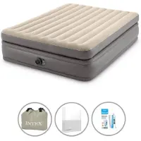 Intex Luftbett - 2 Personen - 152 x 203 x 51 cm - Grau - Mit eingebauter Pumpe + Spannbettlaken Weiß + Reperaturset