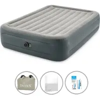 Intex Luftbett - 2 Personen - 152 x 203 x 46 cm - Grau - Mit eingebauter Pumpe + Spannbettlaken Weiß + Reperaturset