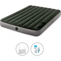 Intex Luftbett - 2 Personen - 137 x 191 x 25 cm - Grün - Mit eingebauter Fußpumpe + Spannbettlaken Weiß + Reperaturset