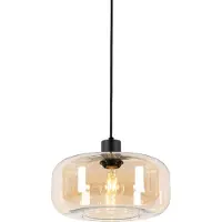 QAZQA - Art Deco Art-Deco-Hängelampe I Pendellampe I Pendelleuchte schwarz mit braunem Glas - Bizle I Wohnzimmer I Schlafzimmer - Rund - LED geeignet E27