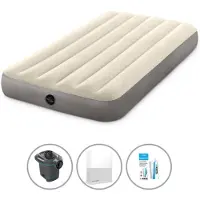Intex Luftbett - 1 Person - 99 x 191 x 25 cm - Beige + Elektropumpe - 650 Liter/Min + Spannbettlaken Weiß + Reperaturset
