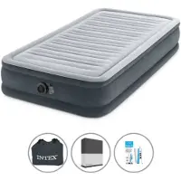 Intex Luftbett - 1 Person - 99 x 191 x 33 cm - Grau - Mit eingebauter Pumpe + Spannbettlaken Schwarz + Reperaturset