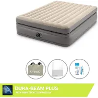 Intex Luftbett - 2 Personen - 152 x 203 x 51 cm - Grau - Mit eingebauter Pumpe, Spannbettlaken Weiß en Reperaturset
